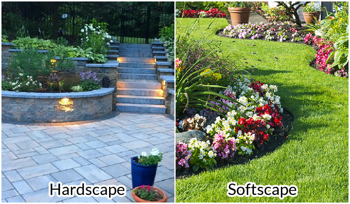 Hardscape and softscape elements in landscaping. 