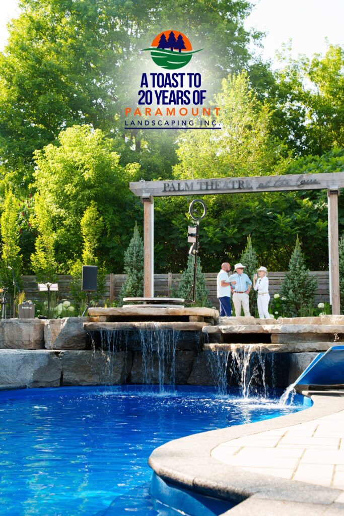 A serene view of the custom water feature designed by Paramount Landscaping at the Discovery Lounge, captured during the 20th Anniversary celebration.